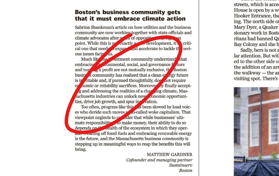 Boston Globe letter to the editor from Sustainserv's @matthewtgardner '...while businesses’ ultimate responsibility is to make money, their ability to do so depends on the health of the ecosystem in which they operate.' Read full article to see letter 2 bostonglobe.com/2023/08/28/opi…