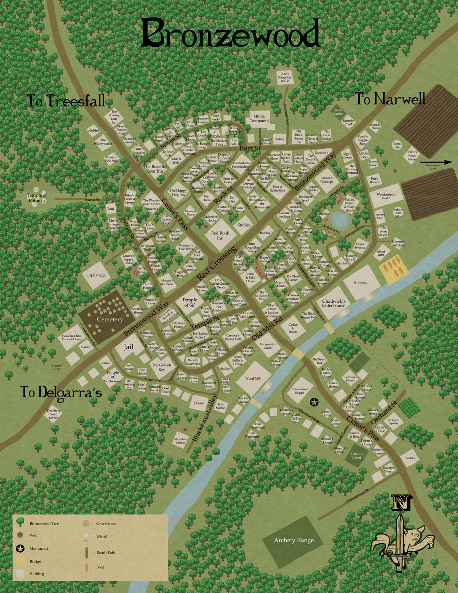 Loston_Wallace's tweet photo. #Bronzewood #Greyhawk #ADandDMaps #RPGTownMap
For those of you who've seen my recent AD&D characters and NPCs posts, I've mention that many are from my Bronzewood, a town I created in The Wild Coast, 11 miles south of Narwell. Here's a look at the town reference map! https://t.co/e5573Bk048