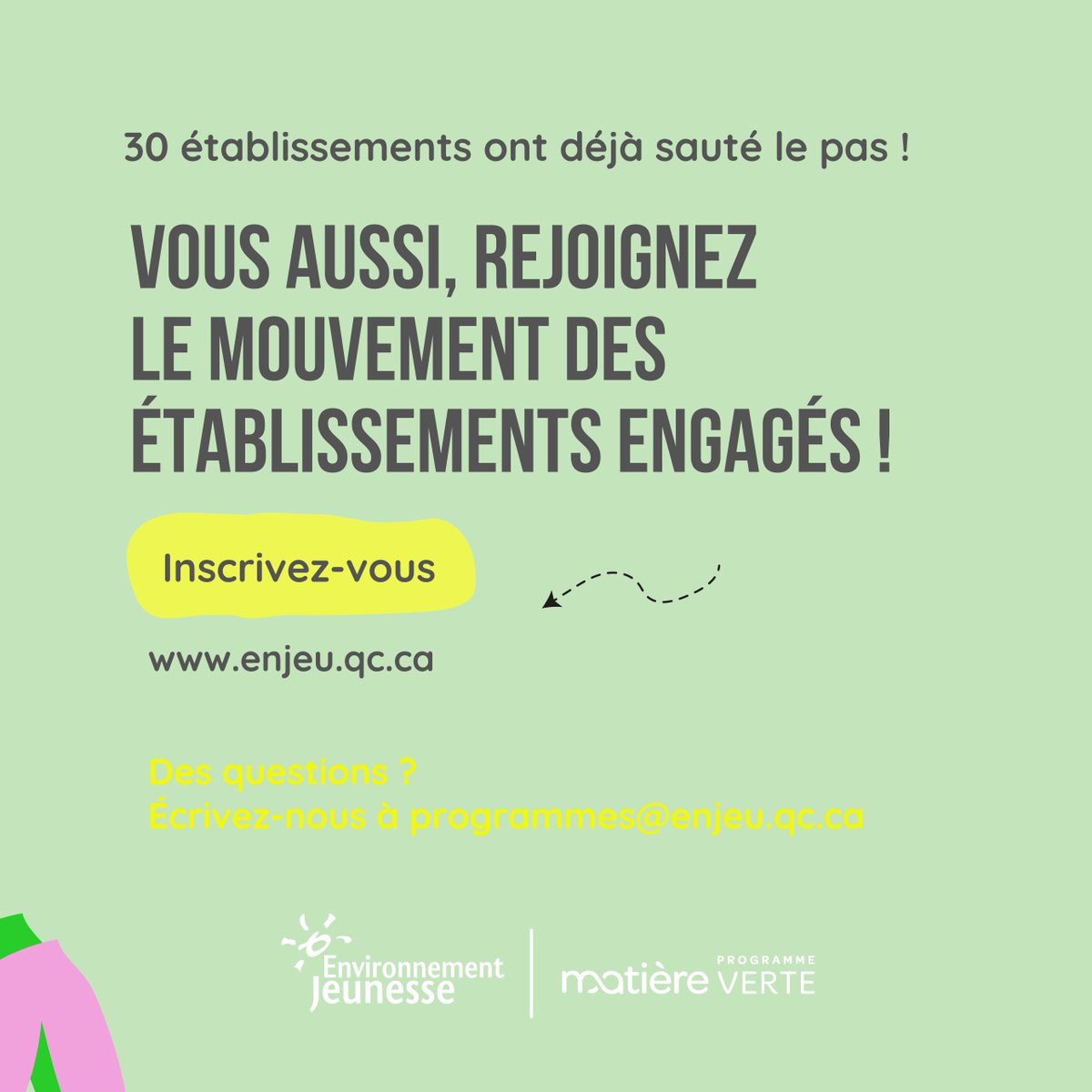 ENvironnement JEUnesse (ENJEU) (@enjeuquebec) on Twitter photo Vous souhaitez engager votre #école dans la transition #écologique & sociale?🌱 Le programme #Matiereverte d’<a href="/ENJEUquebec/">ENvironnement JEUnesse (ENJEU)</a> peut vous aider à transformer votre milieu par l'#éducation relative à l’#environnement👉 bit.ly/3ypmLEG
#ERE #secondaire #primaire Vous souhaitez engager votre #école dans la transition #écologique & sociale?🌱 Le programme #Matiereverte d’<a href="/ENJEUquebec/">ENvironnement JEUnesse (ENJEU)</a> peut vous aider à transformer votre milieu par l'#éducation relative à l’#environnement👉 bit.ly/3ypmLEG
#ERE #secondaire #primaire