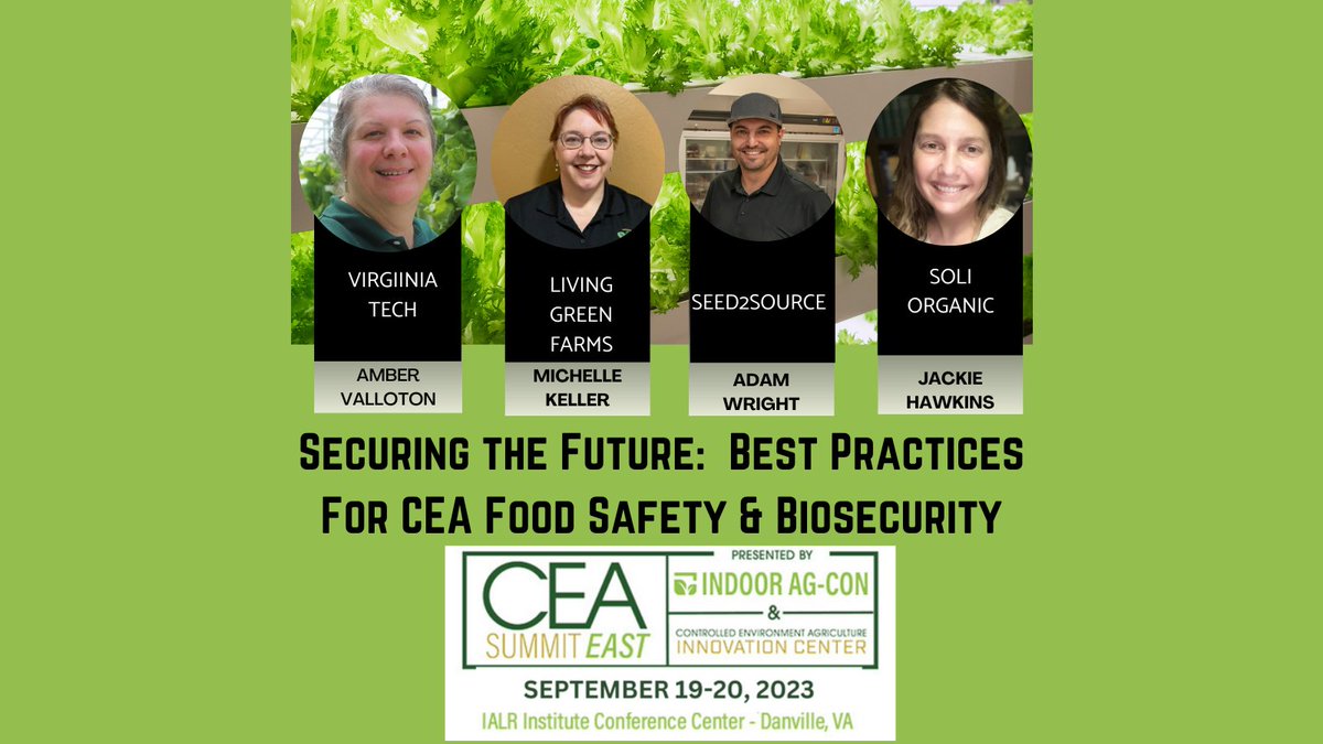 indooragcon's tweet image. Join our #CEASummitEast panelists from @virginia_tech @SoliOrganicUS @Seed2Source &amp;amp; Living Greens Farm for an in-depth look at #bestpractices for #CEA #foodsafety &amp;amp; #biosecurity.  One of MANY sessions at our 9/19-20/2023 edition in Danville, #Virginia!  ow.ly/6zen50PEYa6