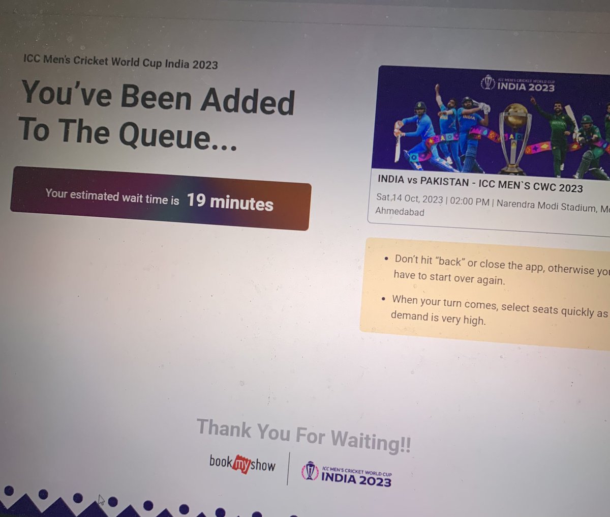 Sandeep Anand (@sandeepanand12) on Twitter photo More than 1 hour and the queue is still 19 mins and at the start it showed me 18 mins. <a href="/bookmyshow/">BookMyShow</a> If your tech team is not capable of handling peak traffic kindly don’t become a ticketing partner.
<a href="/cricketworldcup/">ICC Cricket World Cup</a> <a href="/BCCI/">BCCI</a> #ICCWorldCup2023 More than 1 hour and the queue is still 19 mins and at the start it showed me 18 mins. <a href="/bookmyshow/">BookMyShow</a> If your tech team is not capable of handling peak traffic kindly don’t become a ticketing partner.
<a href="/cricketworldcup/">ICC Cricket World Cup</a> <a href="/BCCI/">BCCI</a> #ICCWorldCup2023
