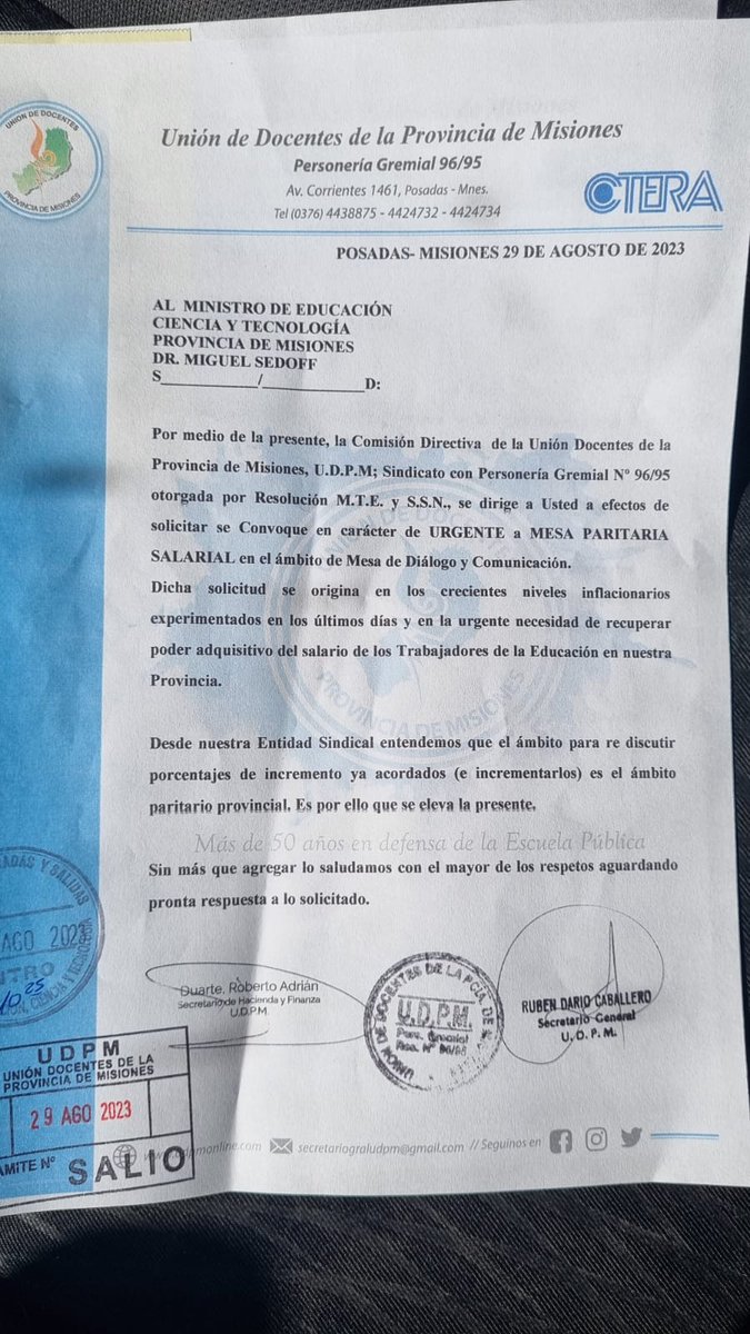hemos solicitado  la Convocatoria formal a Mesa Salarial a fin rediscutir montos acordados e incrementarlos  garantizando la no perdida de poder adquisitivo. entendemos a Mesa de Diálogo como el ámbito pertinente para alcanzar nuevos acuerdos que recompongan el salario Docente.