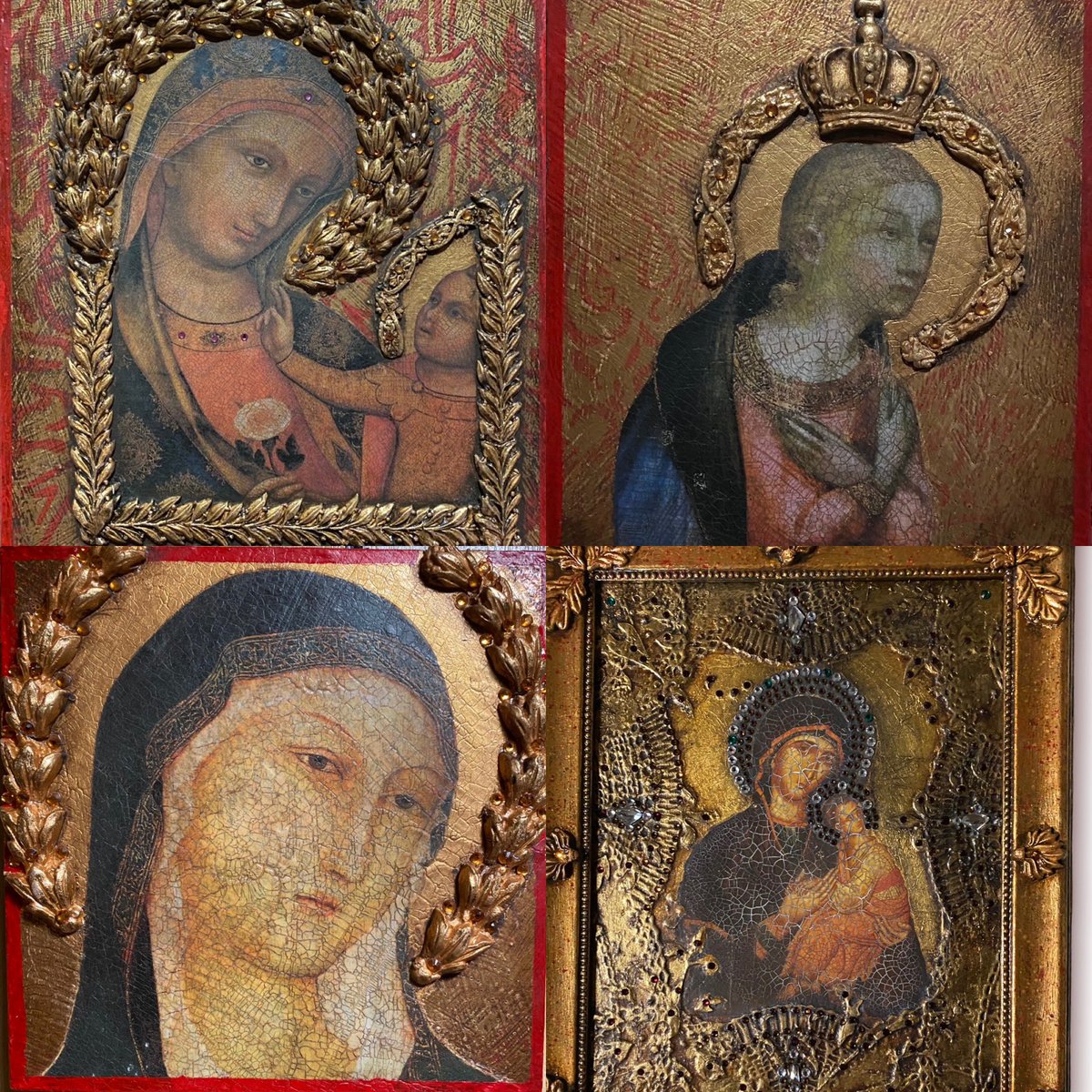 paintwithjim's tweet photo. “Religious Icons”
I created my interpretation of these precious objects. I used air dry clay, IOD - Iron Orchid Designs moulds, photo copies, Swarovski Crystals, stencil, paint, Artisan Enhancements size, gold foil, crackle, tinted scumble and top coat sealer. https://t.co/XIFarttFs4
