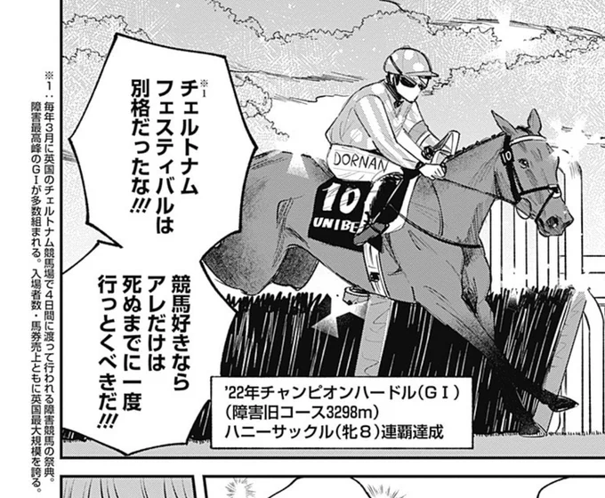 今月の『きみと観たいレースがある』最新話で書いたこの台詞、るちあ先輩ならきっと同じことを思うだろうなと思って書きました。死ぬまでにもう1回でいいからチェルトナムフェスティバル行きたいのですよね。最終直線で馬が障害飛越するたびにスタンドが一体になったようなデカい歓声上がるんすよ。 