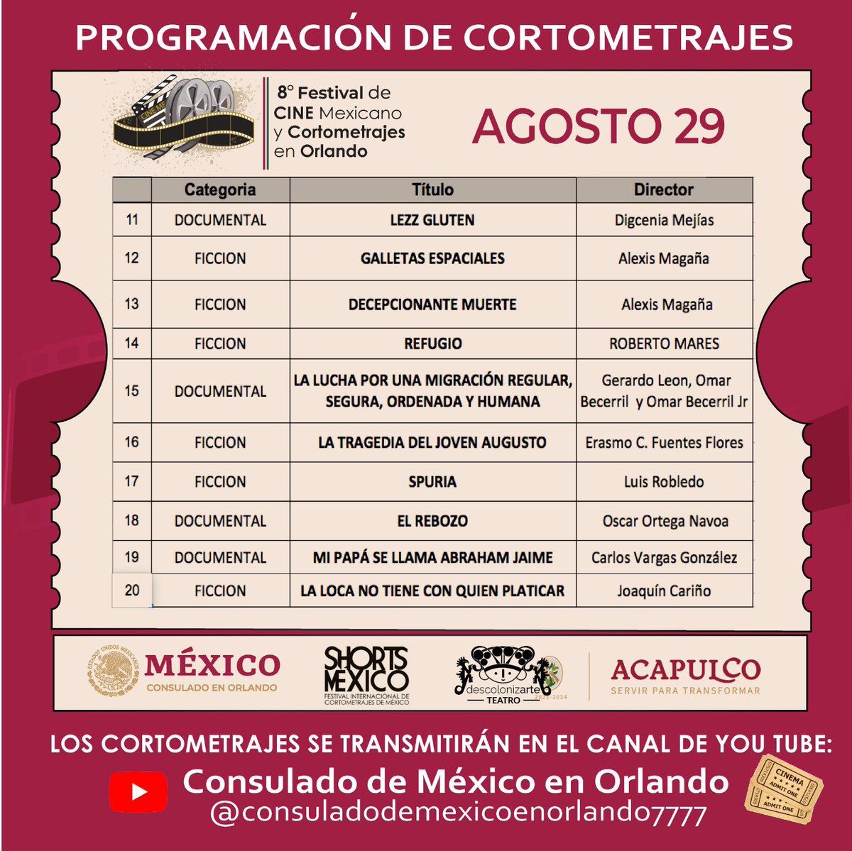 ConsulMexOrl's tweet photo. Les invitamos a sintonizar el 2o día de programación del 8o Festival de CINE Mexicano y Cortometrajes en Orlando organizado en colaboración con @shortsmexico y Descolonizarte Teatro. 

Podrás ver todos los siguientes cortometrajes en nuestra página de YouTube: https://t.co/KaxTxoWJpn