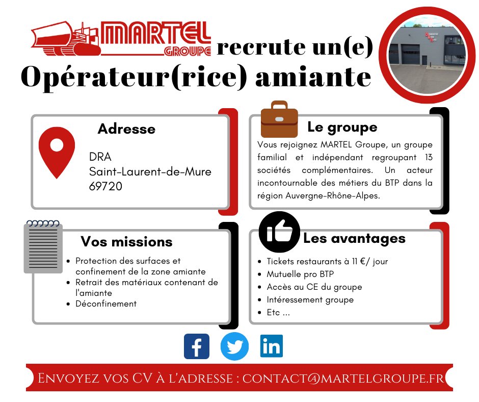 MARTEL Groupe recrute pour sa filiale DRA un(e) Opérateur Amiante basé à Saint-Laurent-de-Mure (69720) 📍.

📩 Envoyez votre CV à : contact@martelgroupe.fr
📢 Poste à pourvoir dès que possible