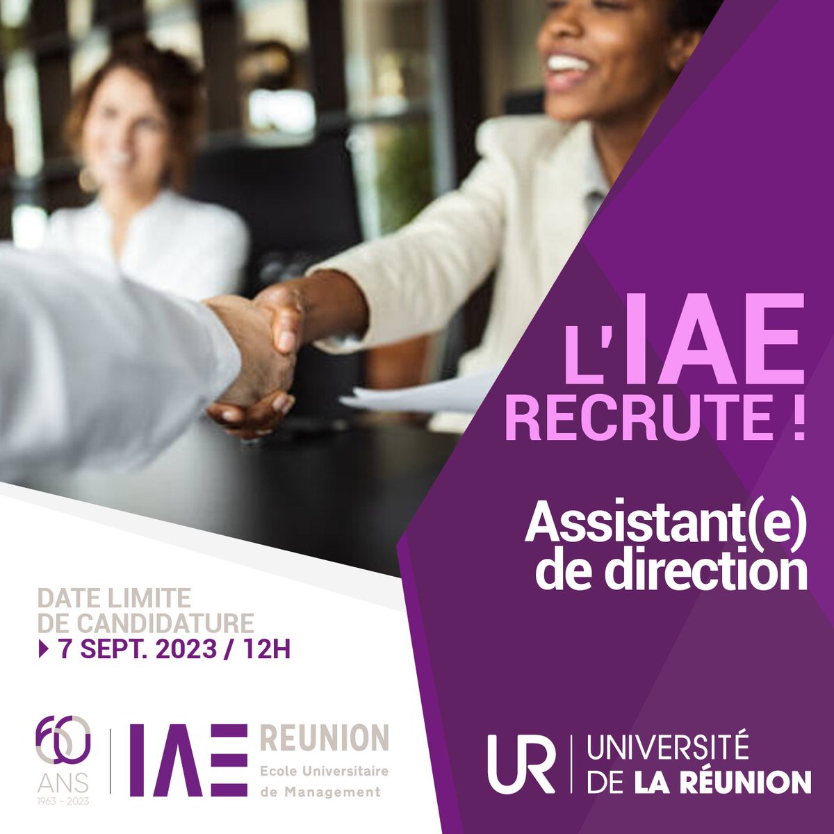 IAEREUNION's tweet photo. L’IAE Réunion recherche un(e) Assistant(e) de direction 🤝
🟣 Contrat : CDD renouvelable
🟣Contractuel de la fonction publique à compter du 18 sept. 2023
Toutes les infos sont ici : 
⚠️ Date limite de candidature : 7 sept. 2023 à 12h00 https://t.co/HGvNHyuTki