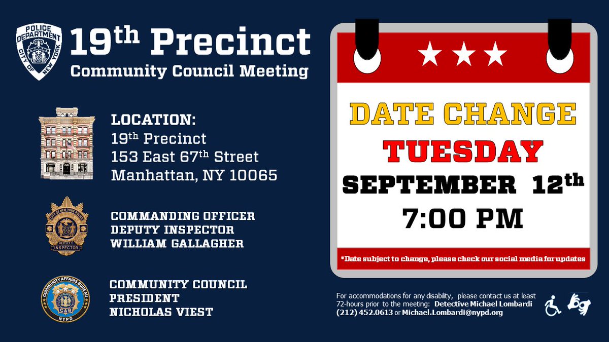 NYPD19Pct's tweet photo. Join us for our September Community Council Meeting on a new date: Tuesday, September 12th at 7PM!

Hear important community updates from our Commanding Officer &amp; Council President — We look forward to seeing &amp; hearing you! https://t.co/7FsaviwbrC