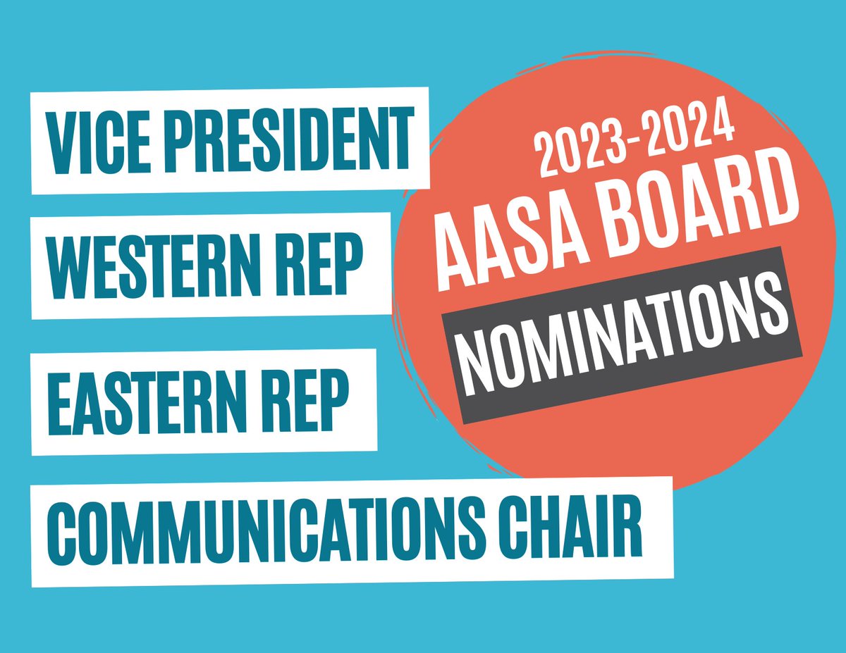 Nominations are now OPEN for the AASA 2023-2023 Board of Directors! Nominate yourself or someone else here: ow.ly/UxwI50PFoE0 Nominations will close on Friday, September 15 - voting to follow!