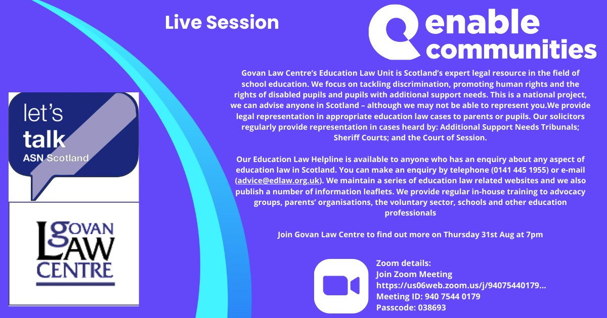 Enable_Tweets's tweet photo. 📣Join us for a Live Family Connect Session 31 August at 7 pm!
We will be joined by @GovanLawCentre
During the session, you will learn more about education law and the rights of your child to an education in Scotland
Join Zoom Meeting: https://t.co/cYnI9tsSRA
#HumanRights https://t.co/2iDNzSy6vo