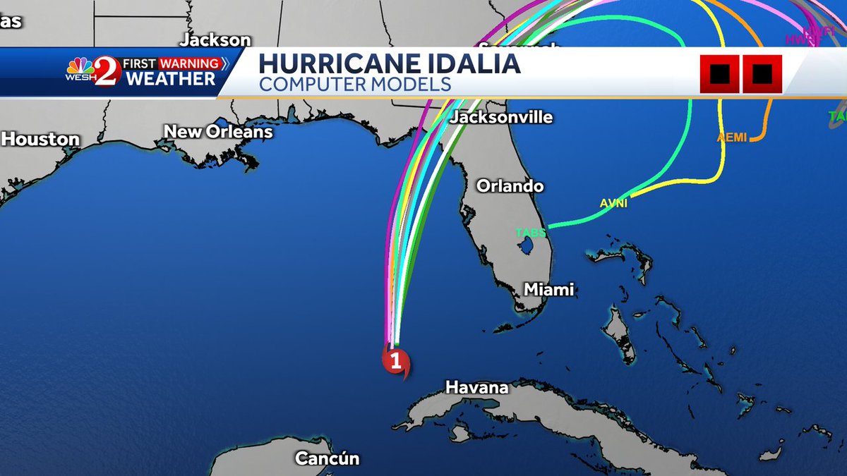 EricBurrisWX's tweet photo. Well, that's quite a tight look to the models!

New model data seems to be tightening up on where #Idalia may be heading, and it's the northern big bend... at least for now.

I also caution, ANY wobble or quicker intensification today could throw this off.

Also, that loop- https://t.co/X93RyHDqMe