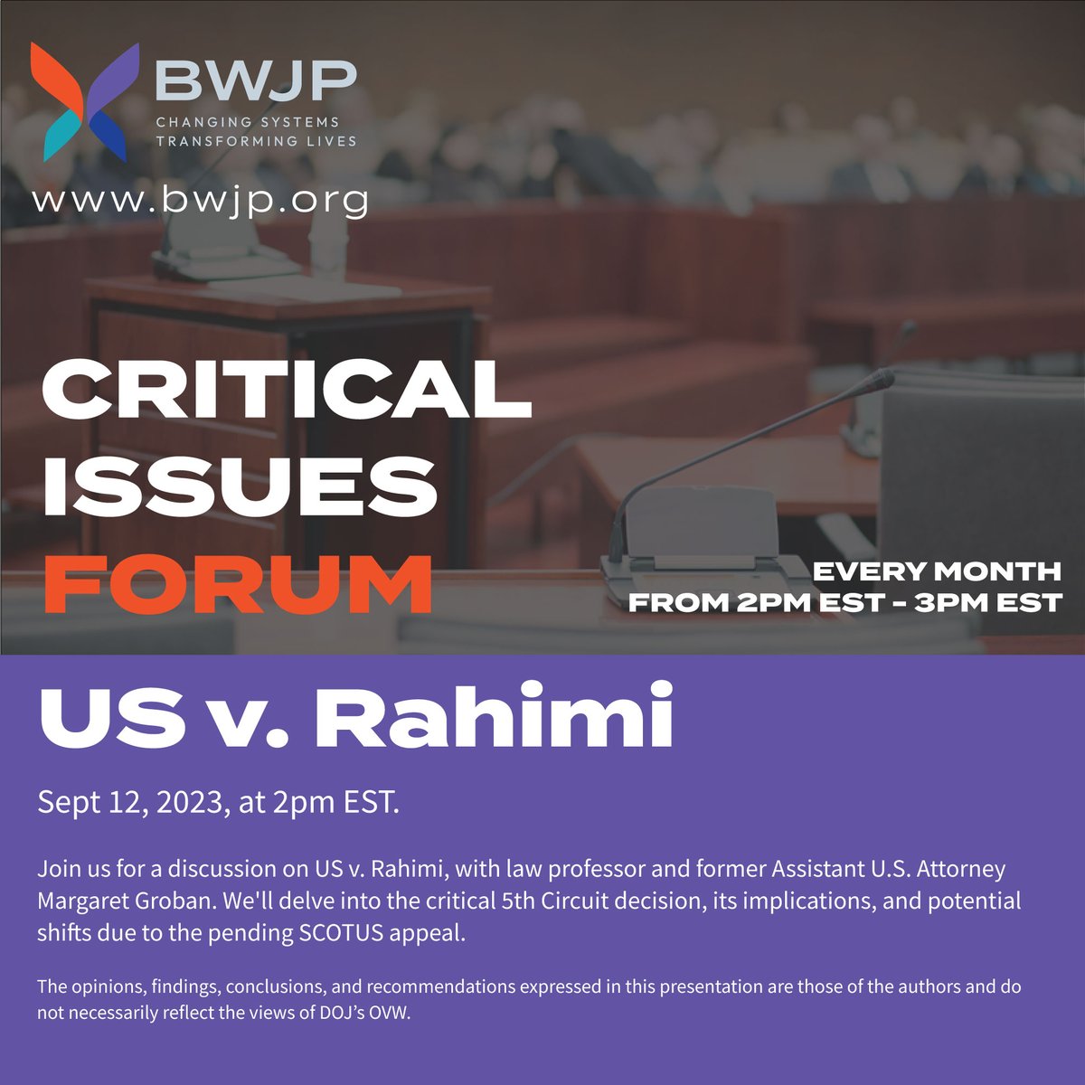 Don't forget to register for the discussion on US v. Rahimi! Join us on September 12th at 2 pm EST. We will dive into the 5th circuit decision with a law professor and former Assistant U.S. Attorney Margaret Groban. Register here: ngbvlc.org/Courses/Course…