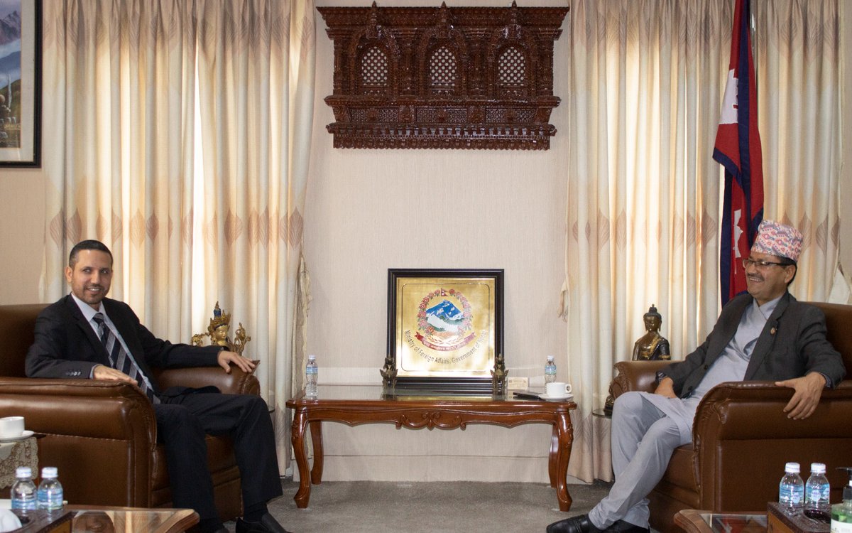 MofaNepal's tweet photo. The representatives of His Highness Shaikh Nasser bin Hamad bin Isa Al Khalifa, Commander of the Royal Guard of Bahrain, Colonel Mr. Mohammad Juma and Mr. Christopher Burrows called on Hon Foreign Minister @NPSaudnc at MoFA today. 

@PaudyalBR 
@sewa_lamsal https://t.co/V9ElJ5XNmN
