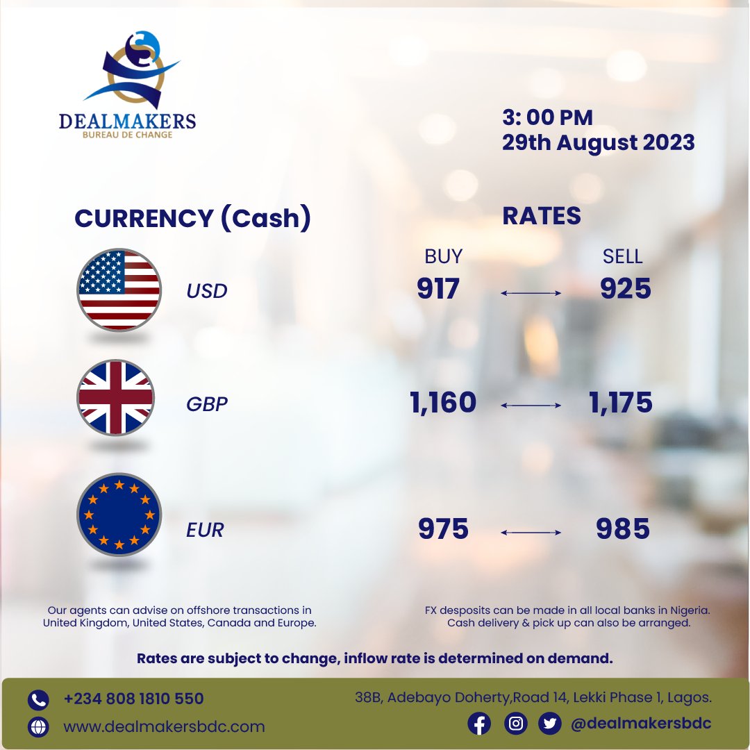 dealmakersbdc's tweet photo. August, 29th 2023.
⏱ 3 : 00 PM
Office: 38b, Adebayo Doherty, Lekki Phase 1, Lagos.
Ps: Rates are high and subject to change at any moment.
For more info, kindly contact us
☎ +2349139378392
#dealmakersbdc #bdc #lagos #lekki #nigeria #cash #oilandgas #abokifx #todaysrate https://t.co/w8y19K5VZb