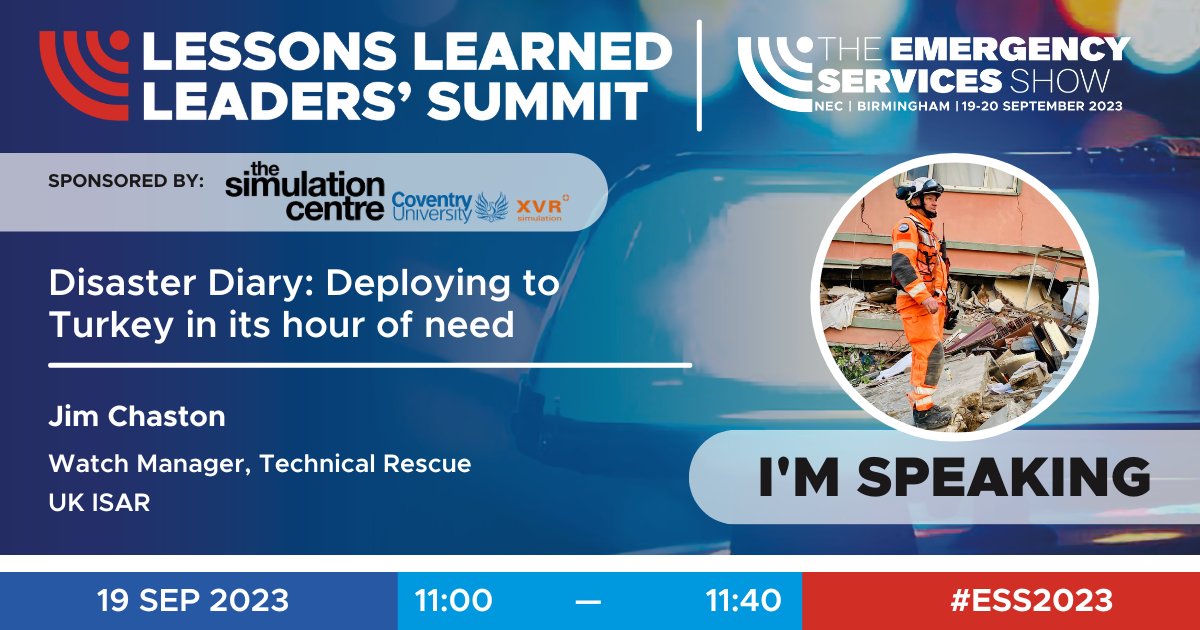 New speaker! #ESS2023

Join Jim Chaston, Watch Manager, Technical Rescue, <a href="/UK_ISAR_TEAM/">UK ISAR</a> at the Lessons Learned Leaders' Summit | Hall 5

Register now > ow.ly/VXi650PCh4t

View agenda  > ow.ly/LMbr50PCgZf

Proudly sponsored by <a href="/covsimcentre/">the simulation centre - Coventry University</a>, <a href="/covcampus/">Coventry University</a>, <a href="/XVRsimulation/">XVR</a>