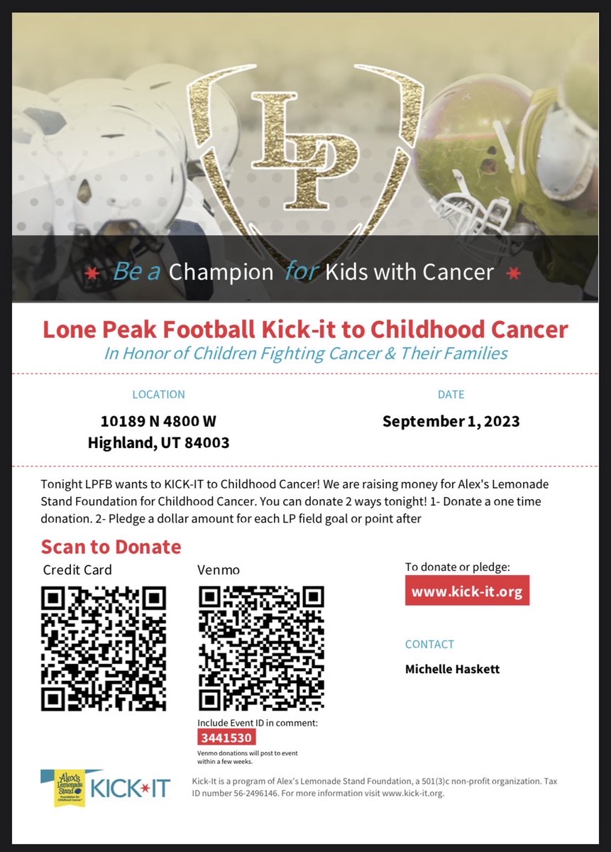 🏈 Team up with Lone Peak Football to kick it to childhood cancer! 🎗️ Be a hero off the field & join the fight! 💪 Scan the barcode, make a donation & let's make a difference together! #AlexsLemonadeStand #ChampionForChange