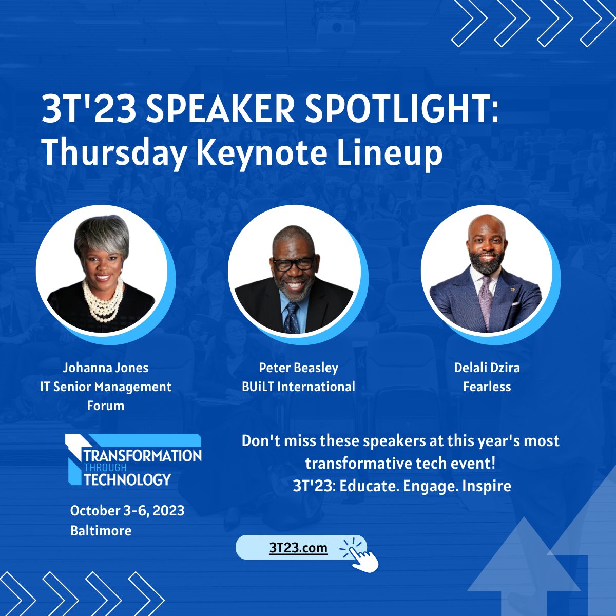 3T’23 Speaker Spotlight: Our 3 amazing keynotes on Thursday, Oct 5 will transform your career trajectory.  Don't miss this one! Register today! #career #techcareer
 3t23.com/register