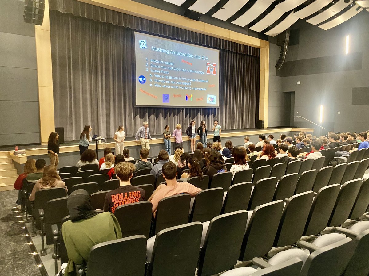 coachsowers's tweet photo. New Mustang Herd (new student group - 78 students attended today!) @MeridianMstangs onboarding our newest Mustangs to HS with counselors and student leaders collaborating together. We grew out of a classroom and needed an auditorium today. Thx SCA and Mustang Ambassadors! https://t.co/ybxU06oQbO