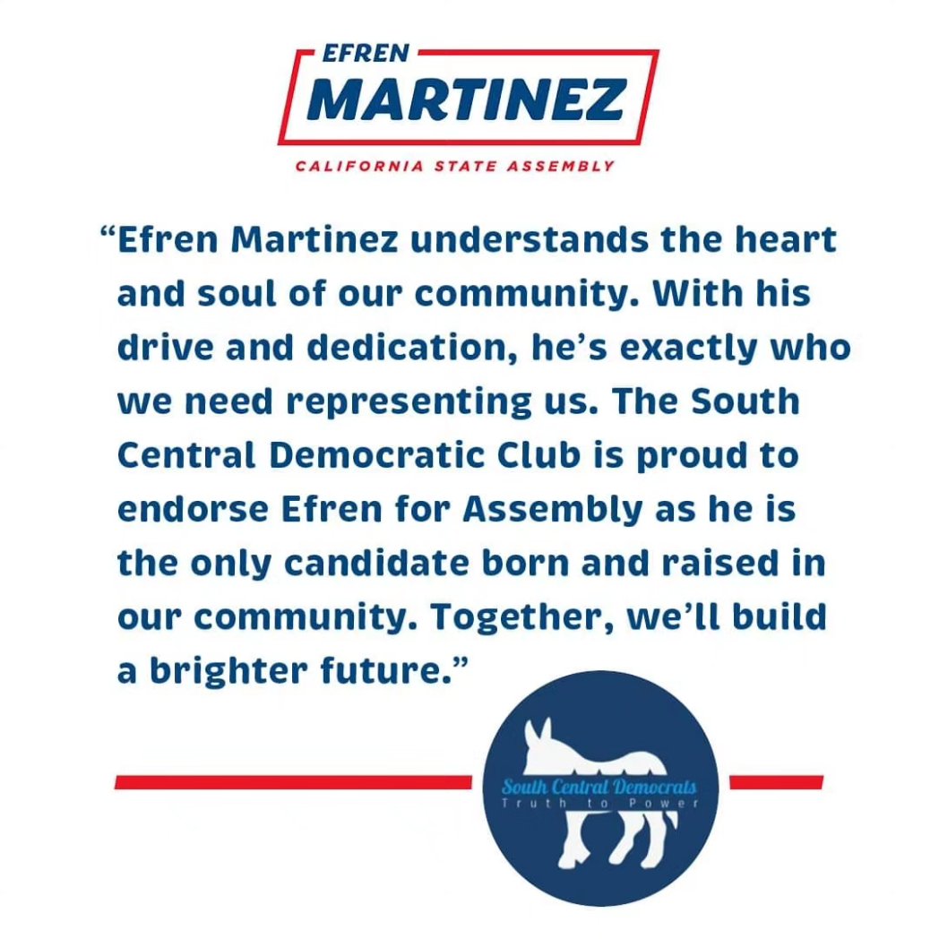 EfrenMartinezJr's tweet photo. Thrilled and honored to receive the endorsement of the South Central Democratic Club for my Assembly campaign! Together, we will work towards a brighter, more inclusive future for everyone. #AssemblyCampaign #Endorsement #SCDemocratsClub #TogetherWeCan ✨🗳️ https://t.co/oOrEbMqmx3