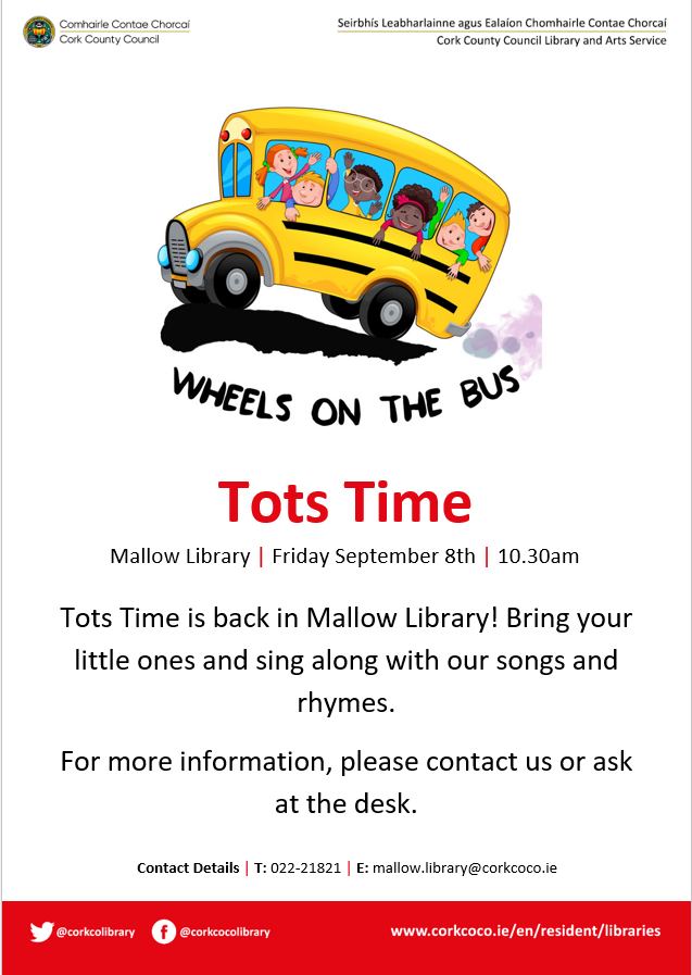corkcolibrary's tweet photo. Tots Time is back in #MallowLibrary! Starting on Friday September 8th at 10.30am we will have songs and rhymes for all your little tots and toddlers. For more information, please contact Mallow Library or pop into us at the desk.
#totstime
#LibrariesIreland https://t.co/zU94ZzWa6i