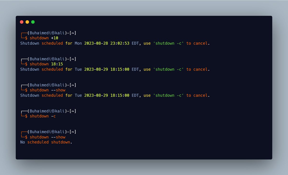 buhaimedi's tweet photo. امر ايقاف التشغيل في قت محددفي نظام #لينكس #linux
اغلاق الكمبيوتر الساعه 18:15
shutdown 18:15
اغلاق الكمبيوتر بعد 10 دقائق
shutdown +10
الغاء الأمر
shutdown -c
معرفه اوقات ايقاف التشغيل المجدوله
shutdown --show

سوف استمر في كتابه الاوامر مستخدماً هذا  الهاشتاق #لينكس_ببساطة https://t.co/VjtXd253gQ
