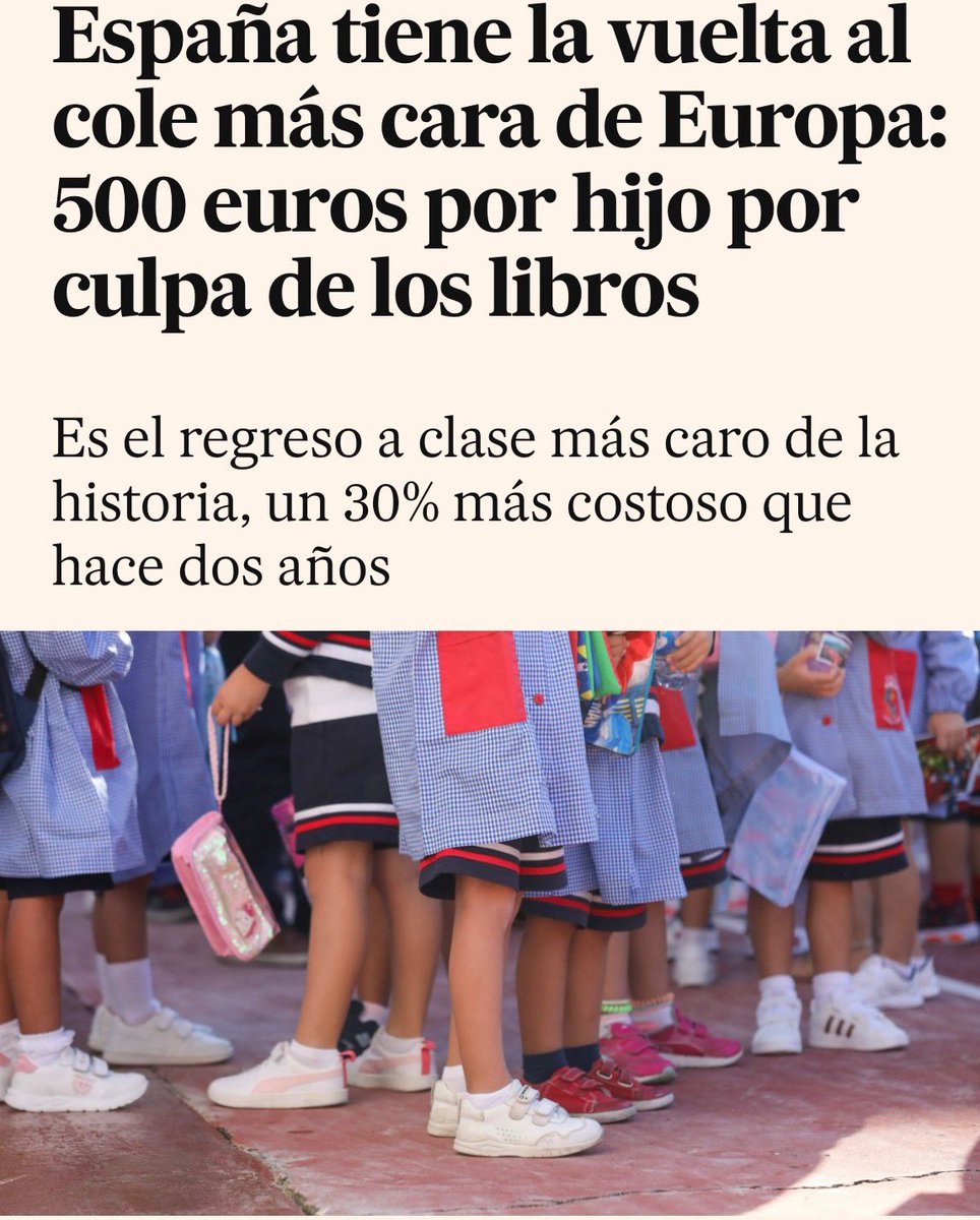 JesusCintora's tweet photo. "España tiene la vuelta al cole más cara de Europa: 500 euros por hijo. Es el regreso a clase más caro de la historia, un 30% más costoso que hace dos años" https://t.co/DF3Vz5OTN1 https://t.co/gmU6c4tMF0