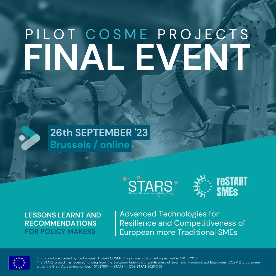 Mobinov PT (@mobinovpt) on Twitter photo 🚀 Calling all European SMEs! Boost your resilience & competitiveness with #AdvancedTechnologies! Join us for the final event of 'STARS' & 'ReStartSMEs,' funded by EISMEA. 📷Registration here: rb.gy/whd2n
<a href="/RestartSmes/">reSTART SMES</a> <a href="/STARS4Rail/">STARS project EU</a> 🚀 Calling all European SMEs! Boost your resilience & competitiveness with #AdvancedTechnologies! Join us for the final event of 'STARS' & 'ReStartSMEs,' funded by EISMEA. 📷Registration here: rb.gy/whd2n
<a href="/RestartSmes/">reSTART SMES</a> <a href="/STARS4Rail/">STARS project EU</a>