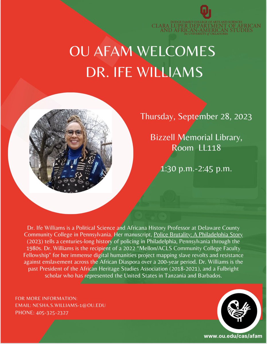 We are excited to welcome Dr. Williams for what is sure to be a great event. We hope that you can join us on September 28th to hear more about her research #AFAM #blackexcellence #blackstudies