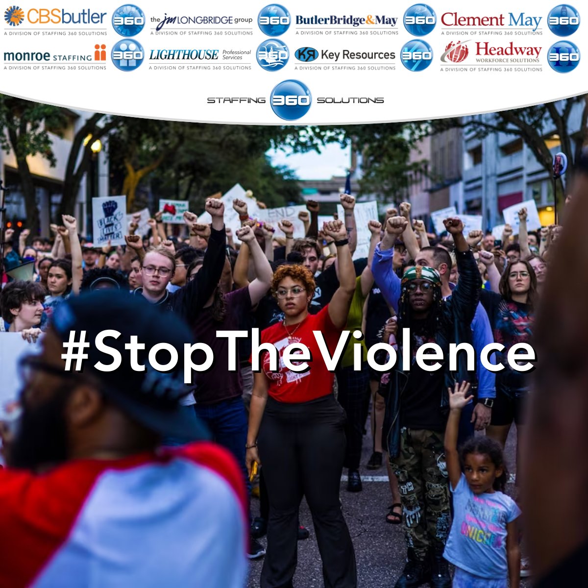 Staffing360's tweet photo. @Staffing360 stands with the residents of Jacksonville, Florida to express our heartbreak and disgust at the racially motivated murder of 3 of its residents.

We have zero tolerance for racism or violence.

#StopTheViolence https://t.co/k3uBD0rmDq