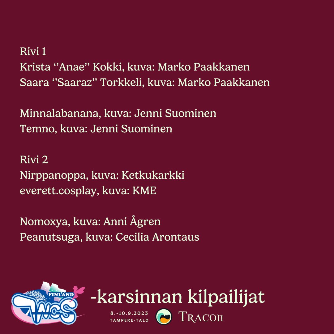 Tracon_FI's tweet photo. Suomen edustaja cosplayn maailmanmestaruuskilpailuihin valitaan lauantaina 9.9 klo 16.30-18.00. Tule kannustamaan pareja ja ihailemaan pukuja sekä esityksiä! 
Ohjelmaan on ilmaiset paikkaliput.

#Tracon https://t.co/5ZrVFp45qt