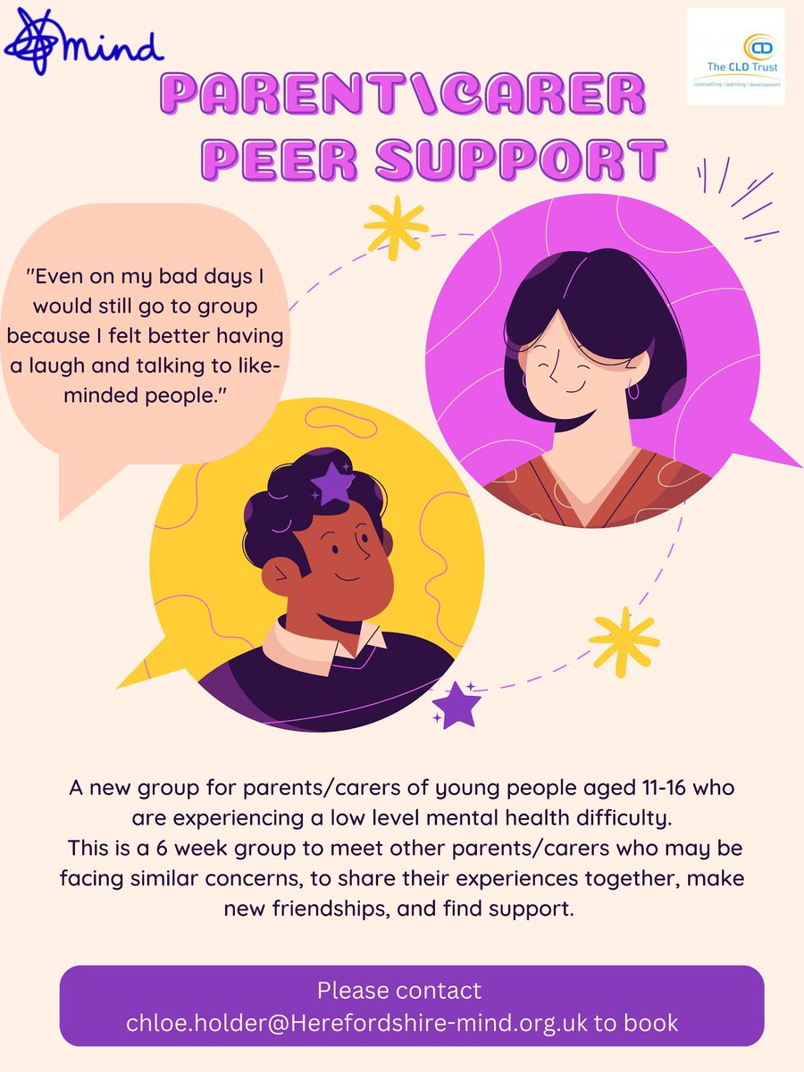 📢New Parent/Carer Peer Support group
Herefordshire Mind are starting a new group to help parents and carers of young people with low level mental health difficulties. Interested in attending? 📩Chloe.holder@Herefordshire-mind.org.uk

#mentalhealth #herefordshire #parentsupport