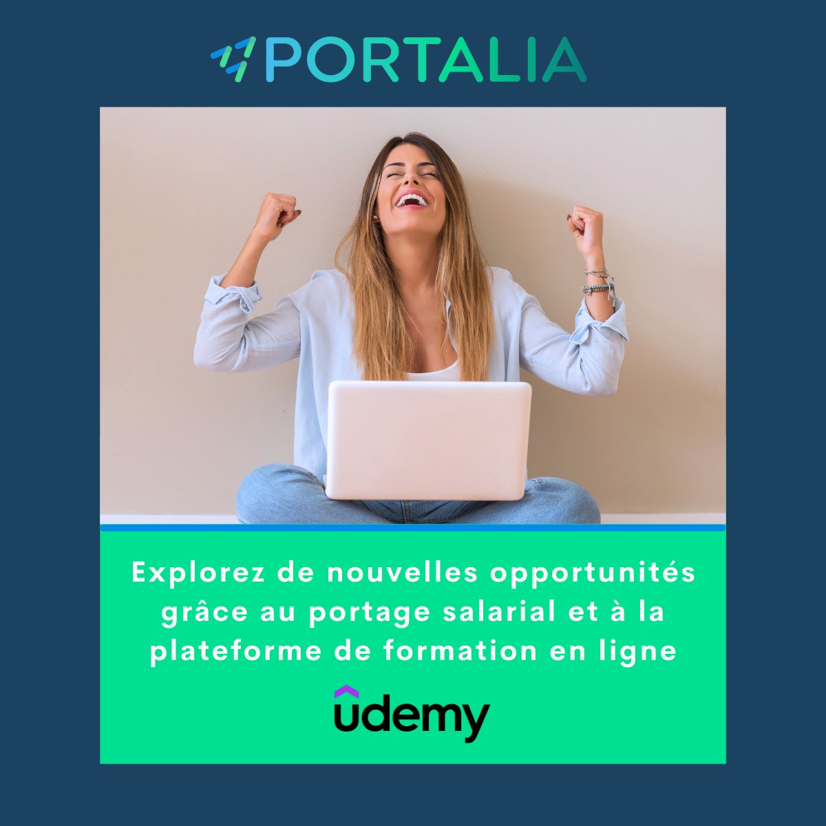 Portalia x Udemy : votre évolution professionnelle 🎓. Avec Portalia, accédez à Udemy pour seulement 100$ pendant 1 an et boostez vos compétences en langues, IT, business et plus encore ! 🌟 Rejoignez-nous et propulsez votre carrière 🚀 #PortageSalarial #FormationEnLigne