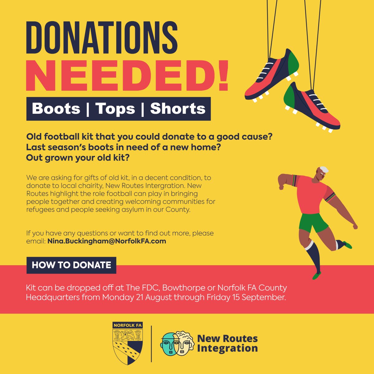.<a href="/NewRoutesNR/">New Routes Integration</a> support asylum seekers in our County and are appealing for donations of old kit and footwear that could still be used. #NorfolkFootball

Donations can be dropped off at <a href="/theFDCNorfolk/">The FDC</a>, and if you have any questions, please email Nina.Buckingham@NorfolkFA.com.
