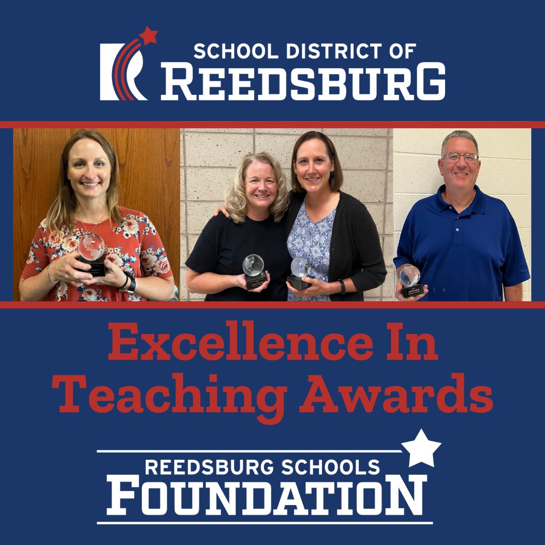 Yesterday, the Reedsburg Schools Foundation  recognized four teachers with Excellence in Teaching Awards.

2023 award winners:
Meadow Woolever
Jeff Herschleb
Theresa Carey
Joanne Brunett

Let's give a cheer 📣 for these excellent #ReedsburgPride teachers!