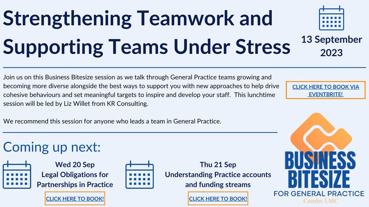 💥General Practice 💥 are you looking for support with team management and diffusing tricky workplace situations? Our Strengthening Teamwork and Supporting Teams Under Stress bitesize session is the place for you – click on the link to book and join us: eventbrite.com/e/strengthenin…