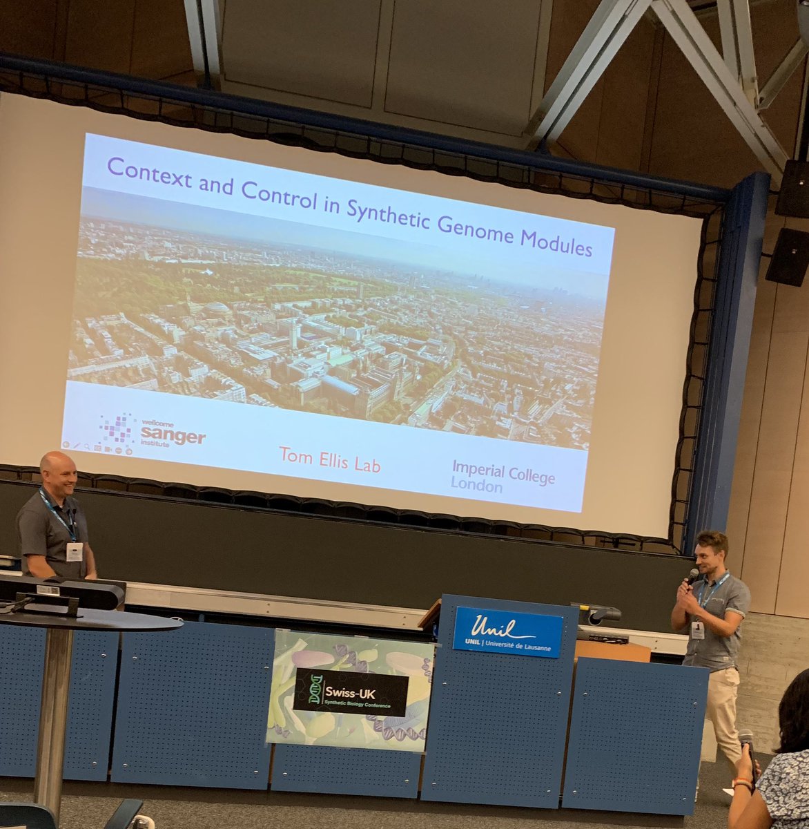 A_Kishkevich's tweet photo. @ProfTomEllis’s group representation at #swissuksynbio meeting: @ProfTomEllis and @Xinyu80256297 were talking about rewriting and redesigning yeast genome. If you are interested in learning about what else we do in the group, then come to see my poster 38 tomorrow. https://t.co/4BdC4N28cy