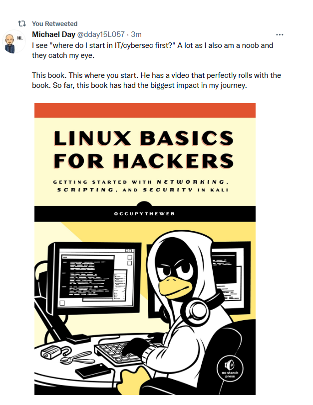three_cube's tweet photo. Linux Basics for Hackers, Part 1: Getting Started with Linux #linux #linuxbasics #linux4hackers #infosec #cybersecurity #cyberwarrior 

https://t.co/EQxuA7faYP https://t.co/aKD6fJLPJe