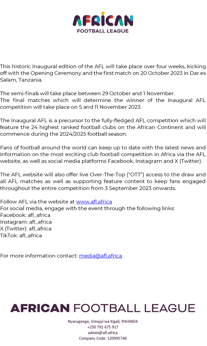 The inaugural African Football League (AFL) kicks off in October 2023.