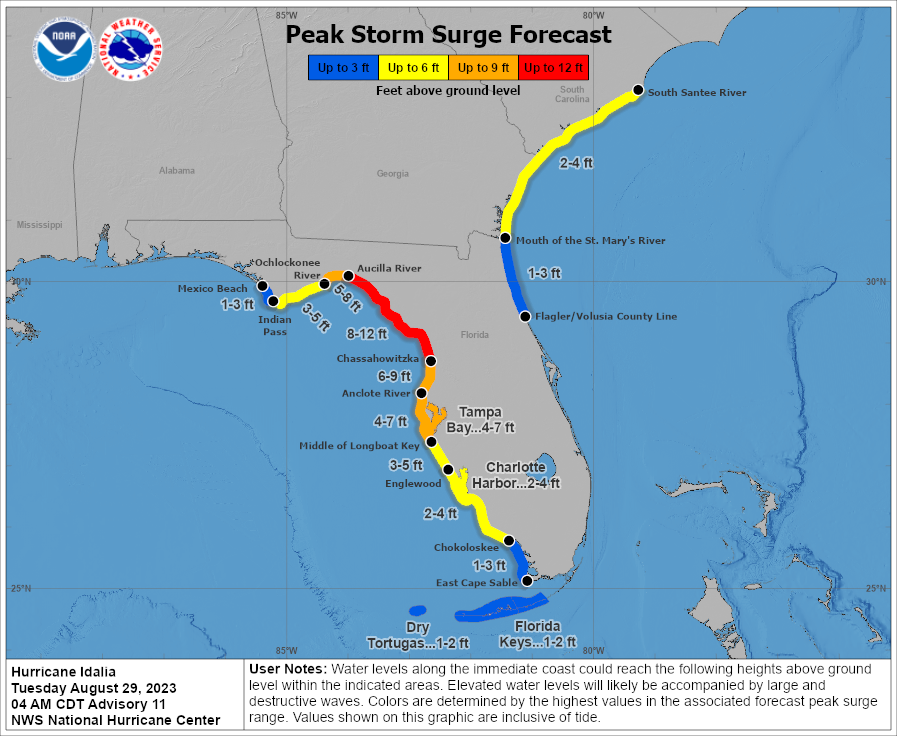disasterstrat's tweet photo. Dont wait, Evacuate!
#Idalia storm surges: 
9-12 feet from Aucilla to Chassahowitzka rivers
4-9 feet from Anclote River to Middle of Longboat Key
Tampa Bay with 4-7 feet
3-5" south along the coast to Chokoloskee
Charlotte Harbor w/ 2-4"

Disability &amp; Disaster Hotline 800.626.4959 https://t.co/oo10QBPIM3