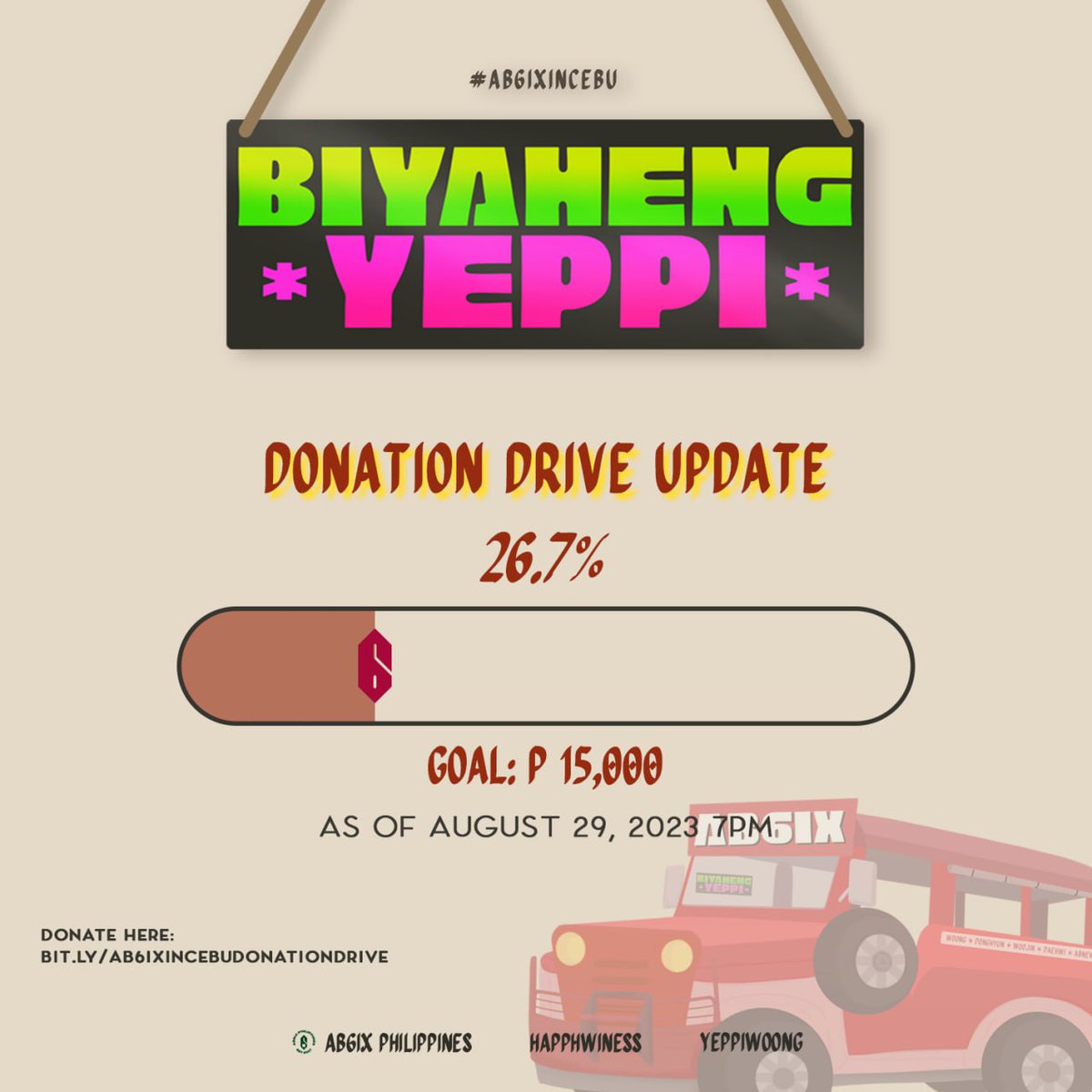 AB6IX_PH's tweet photo. [BIYAHENG YEPPI] AB6IX in Cebu: Donation Drive Update

We're at 26.7% now 😍 Let's reach 50% by the end of the week!

Donate: https://t.co/qfOuDW19TN
Tracker: https://t.co/LaxHiG3xfk

#AB6IXinCebu #BiyahengYeppi #CebuIsAwake #AWAKECebu2023 #AB6IX #전웅 #김동현 #박우진 #이대휘 https://t.co/AkR70HYSAF