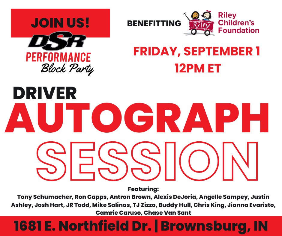 THIS FRIDAY! I’ll be starting Indy off at the DSR Performance Block Party signing autographs with some of my fellow @NHRA stars! Come on out and support a great cause for @RileyKids 💪 ⏰: 10AM - 2PM ET ✍️: 12-12:30PM ET #USNats #BIGGO