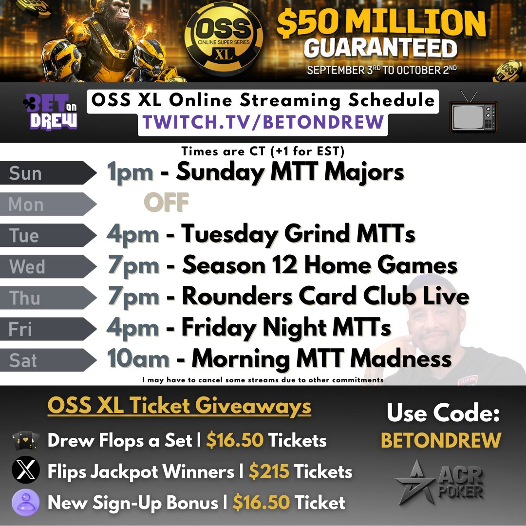 BetOnDrew's tweet photo. I'm making my return to the @Twitch streaming streets to bring you an action packed month of MTTs during the @ACR_POKER OSS XL series!

I'll be chasing the $60,000 leaderboards AND another $100,000 Triton package...🤞

This will be my most intense streaming &amp; playing month ever. https://t.co/Wfw9FfIyrw