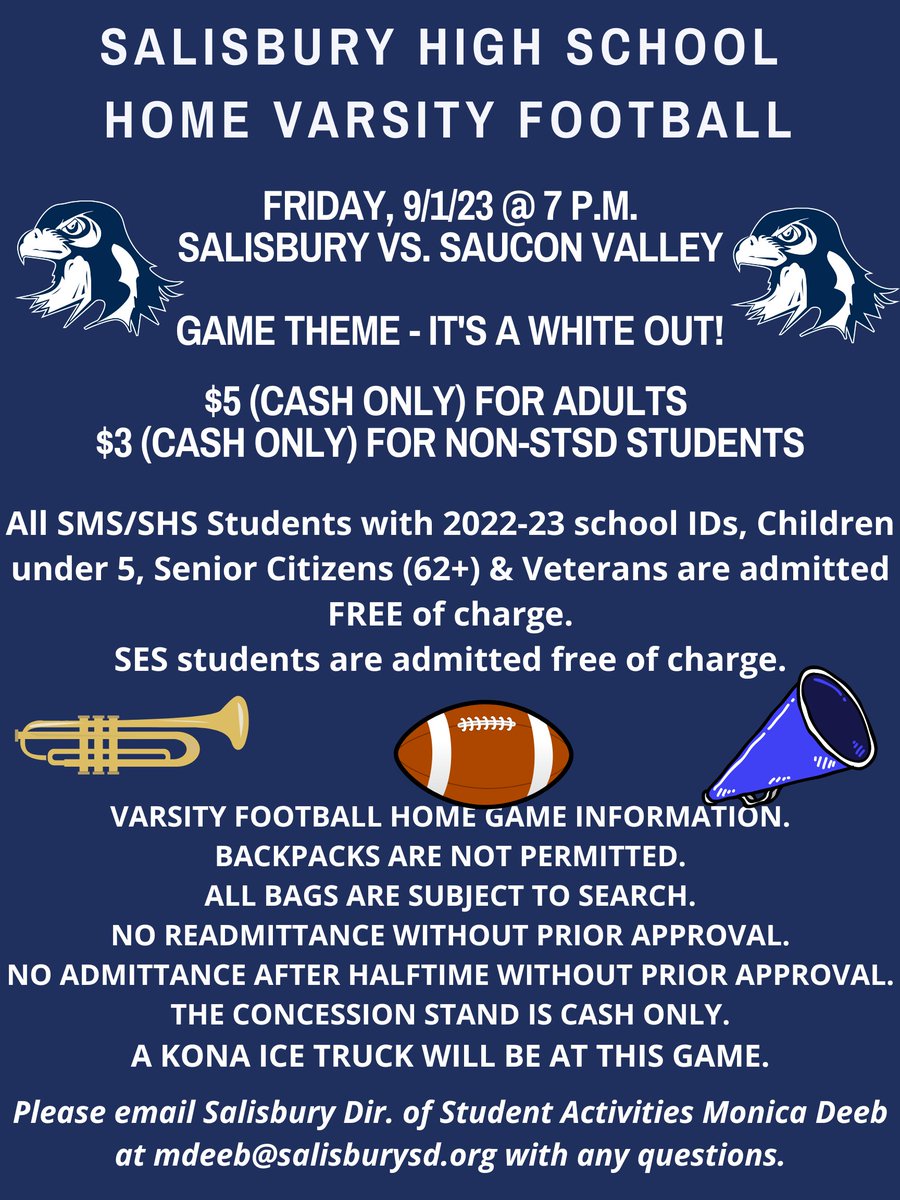 .@SalisburySchool Sports and Arts are back in full swing! Salisbury Football home opener is *this Friday* against Saucon Valley. Wear white! Beat Saucon! Enjoy the Marching Band! #LetsGoFalcons #YourSalisbury