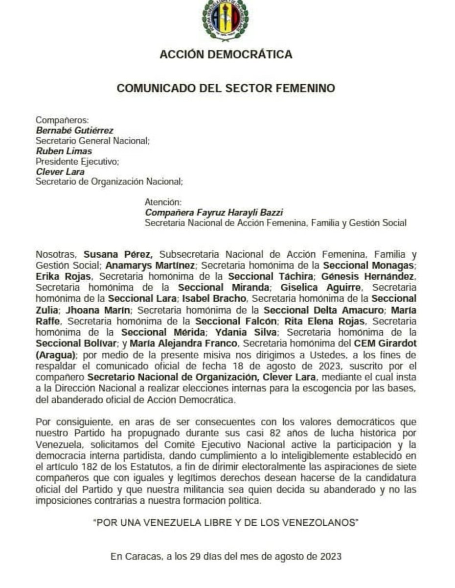 Comunicado del Sector Femenino de Acción Democrática.
@ADVenezuelaa
@adbernabe @rubenlimas @cleverlaraad @Leomagnofa @FayruzHB @Luisemartinezh @ADMiguelMQuiroz @pulidooe9113 @feniel_giron @adfemeninave @adfemenina_mir @JMmuqueza @franciscohumbri  @ADIsraelHerrera