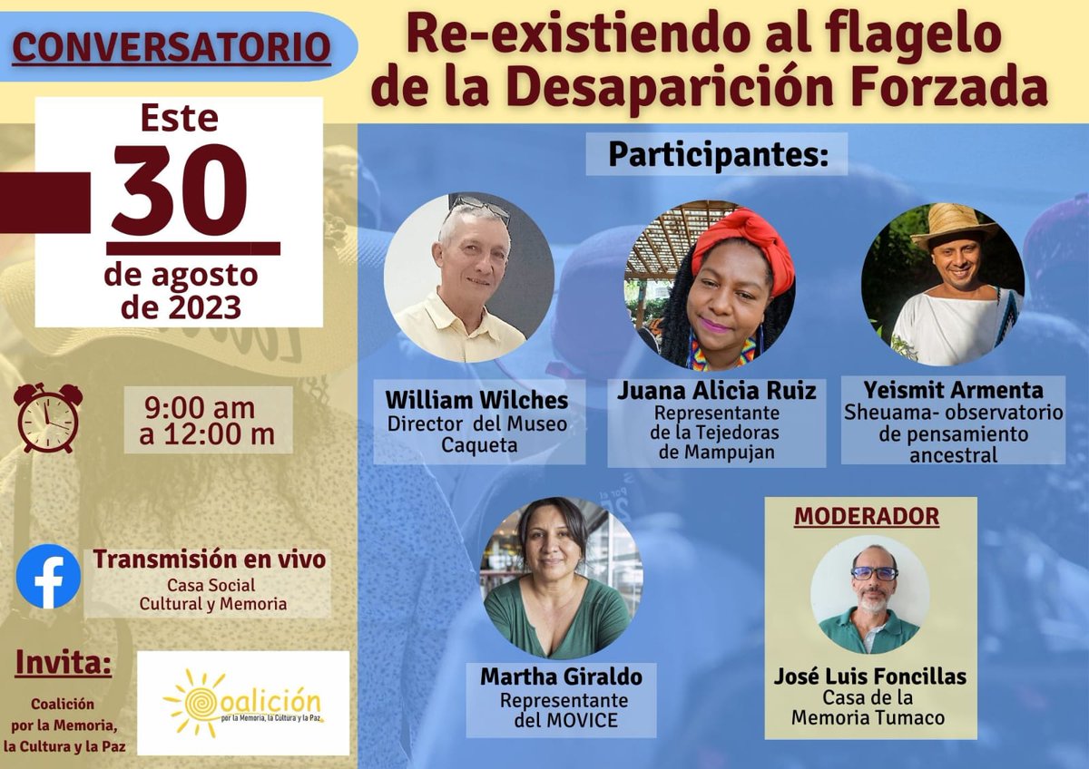 Mañana desde la Coalición por la memoria, la cultura y la paz, conversaremos sobre cómo los lugares de memoria han re-existido al flagelo de la desaparición forzada.
Te invitamos a la transmisión en vivo 9:00am #MemoriaVerdadYJusticia <a href="/CentroMemoriaH/">Centro Nacional de Memoria Histórica</a> <a href="/RTVCnoticias/">RTVC Noticias</a> <a href="/memoriaabierta/">Memoria Abierta</a>