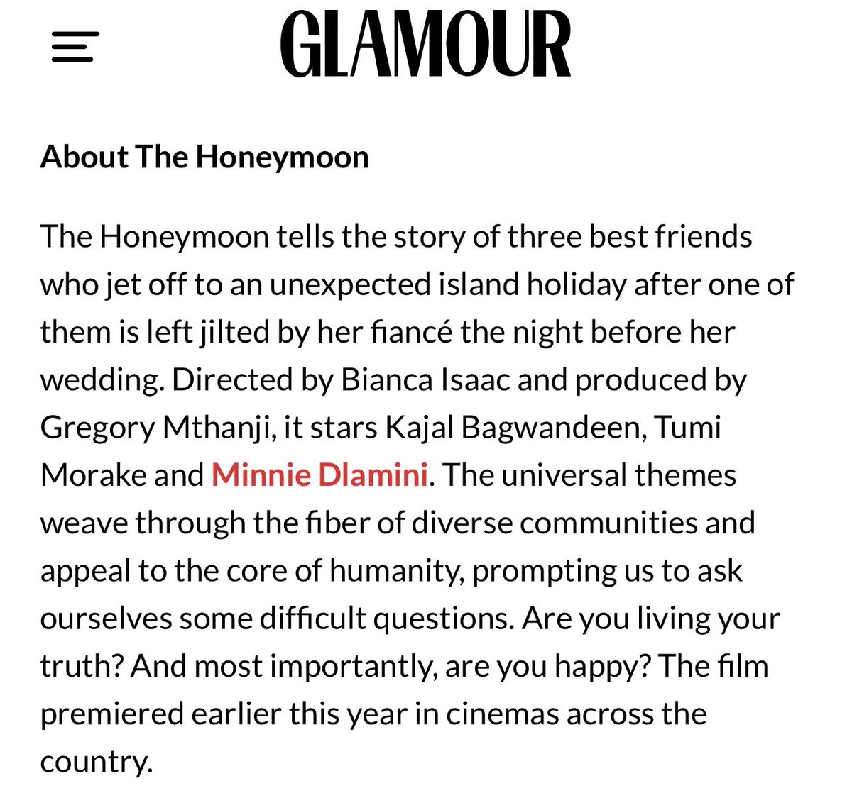 Rounding off our #womensmonth Celebration with <a href="/glamourmag/">Glamour</a> shining the spotlight on these talented actresses @KajalBagwandeen <a href="/tumi_morake/">𝓣𝓾𝓶𝓲 𝓜𝓸𝓻𝓪𝓴𝓮 🌈✊🏾🇿🇦💖</a>  <a href="/MinnieDlamini/">Minnie Dlamini</a> and their work in the adventure comedy #honeymoonmovie streaming exclusively to <a href="/PrimeVideoZA/">Prime Video ZA</a>