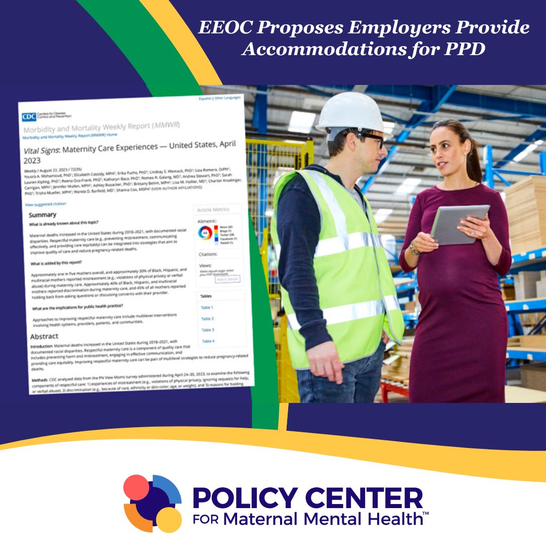 PolicyCenterMMH's tweet photo. On 8/11/23 @USEEOC released a proposed rule for employers implementing #PregnantWorkersFairnessAct. A new draft of federal regulation notes employers need to provide women suffering from PPD with accommodations. We submitted a letter in response: https://t.co/BHKsrlfM9K https://t.co/2OnKXQfz7G