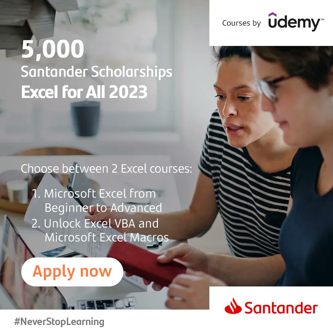 uw_careers's tweet image. Looking to improve your Excel skills?
Apply for 1 of 5,000 places on Santander Scholarships Skills | Excel for All, a FREE, flexible, online programme delivered by Udemy: buff.ly/3sueZcu
#Excelforall #WestminsterEmployability