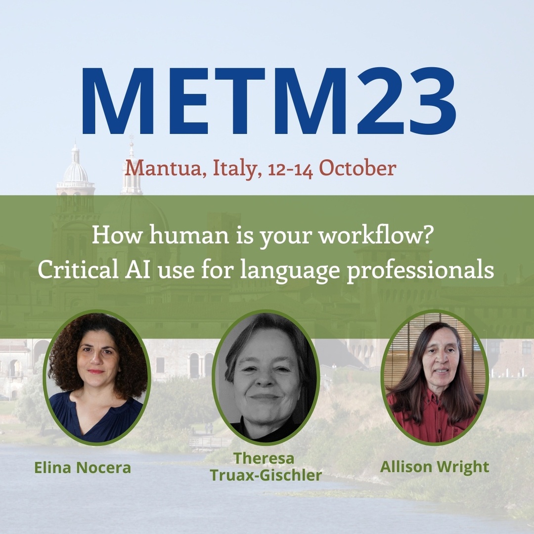 <a href="/elinailaria/">Elina Ilaria Nocera</a>, @tltgisch and @wrightbutton explore what the latest AI tools can do for us as linguists: ‘How human is your workflow? Critical AI use for language professionals’ #METM23

bit.ly/3XMZisF