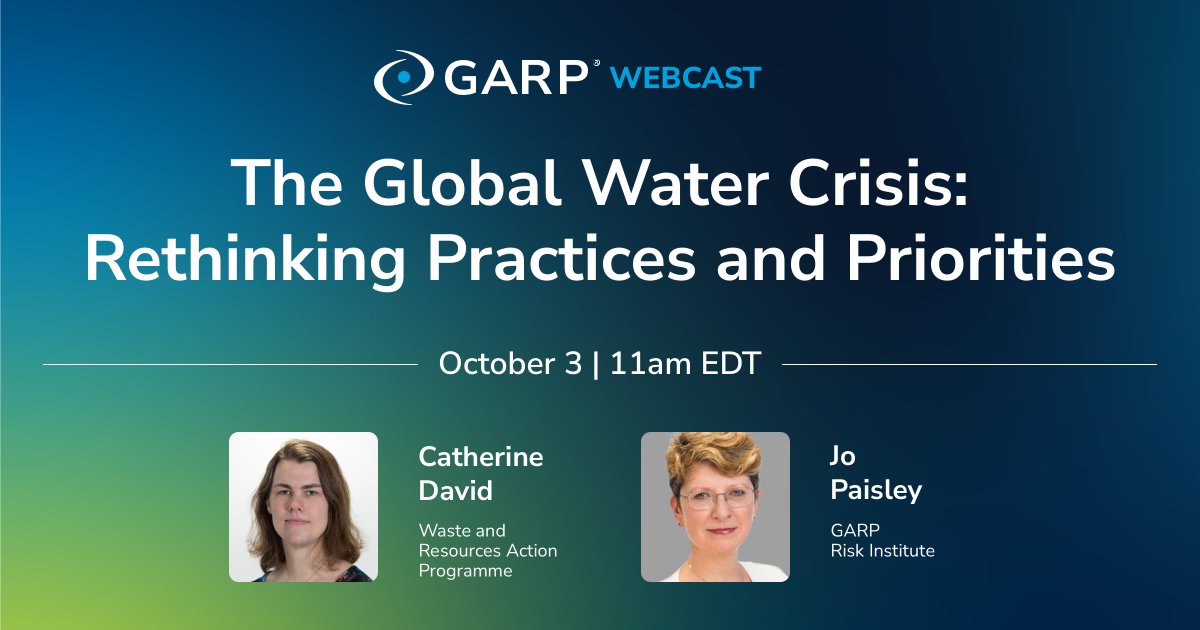 This webcast will explore the nature and extent of the global #watercrisis, why proactive water #riskmanagement is essential in avoiding significant financial loss and environmental damage, and more. Register Now: bit.ly/3YQKmtT #GARPwebcasts